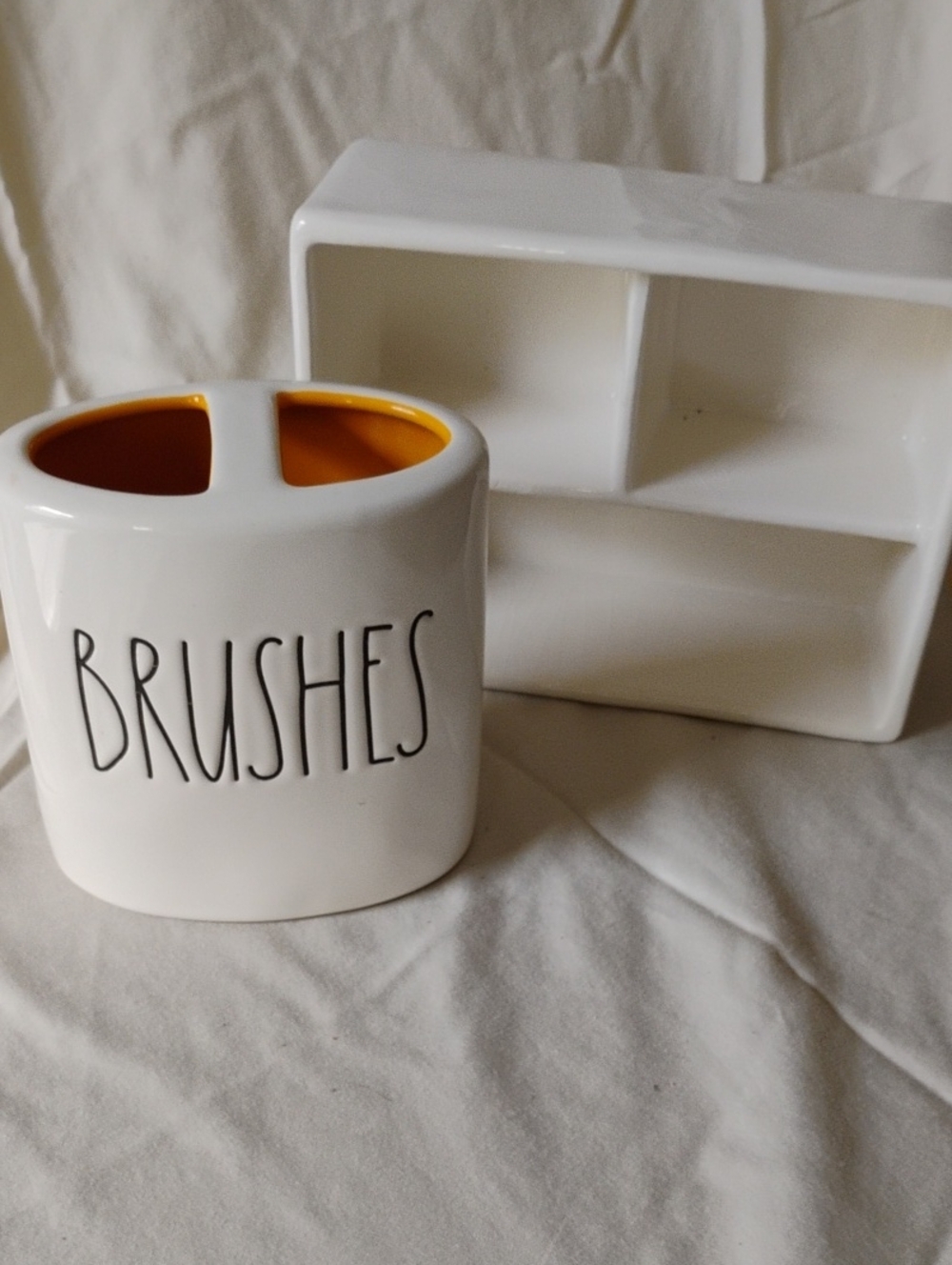 Rae dunn Ceramic Brush Holder with Gold Interior - And Trinket Dish- Home Bath